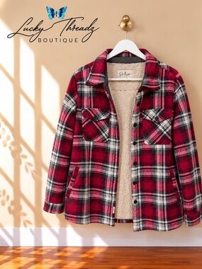 Red Plaid Sherpa Lined Shacket Fleece Jacket Large Flannel Soho Threads